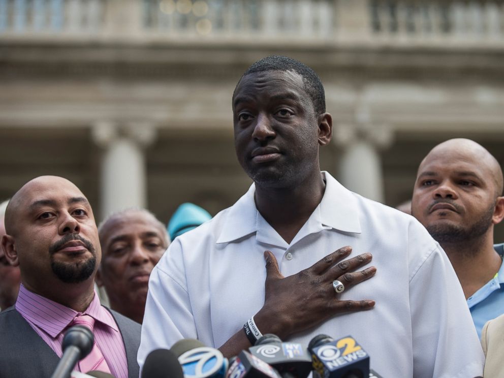 PHOTO: (L-R) Raymond Santana, Yusef Salaam and Kevin Richardson, three of the five men wrongfully convicted of raping a woman in Central Park in 1989, speak at a press conference on the steps of city halls on June 27, 2014 in New York City.