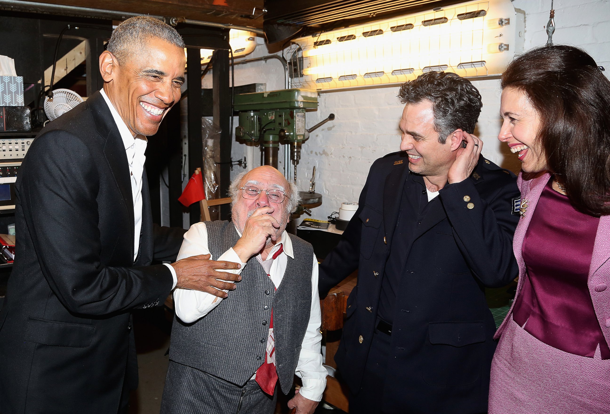 PHOTO: Barack Obama, Danny DeVito, Mark Ruffalo and Jessica Hecht chat backstage at The Roundabout Theatre Company's production of "Arthur Miller's The Price" on Broadway at The American Airlines Theatre on February 24, 2017 in New York City. 