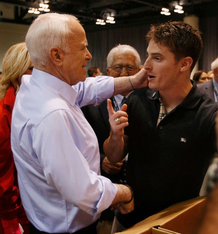 PHOTO: Then-Republican presidential nominee John McCain (R-AZ) jokes around with his son Jack McCain during a visit to a GOP delegates hurricane relief event at the Minneapolis convention center September 3, 2008 in Minneapolis, Minnesota. 