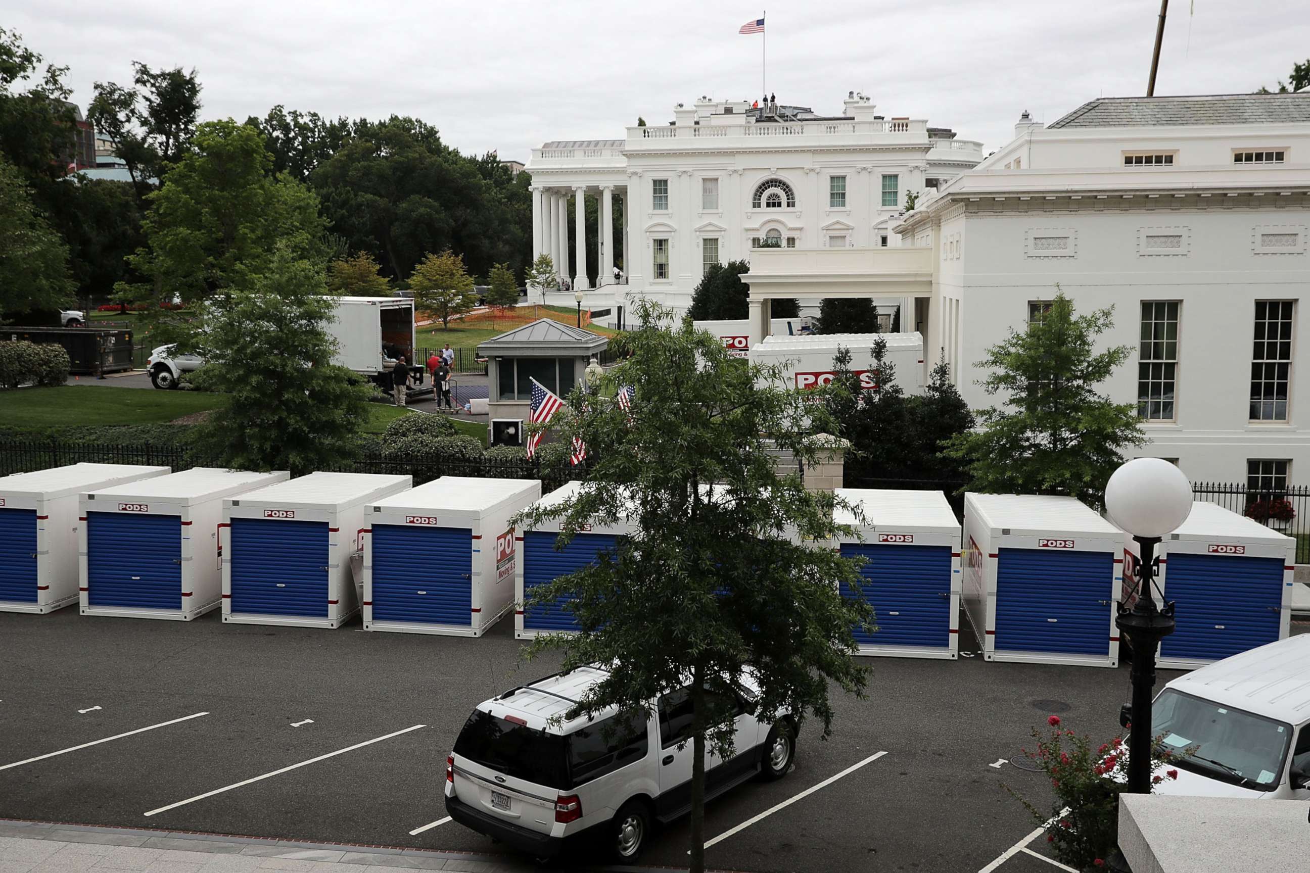 PHOTO: Furniture and materials from the White House are stored in temporary containers outside the West Wing while remodeling work continues August 11, 2017 in Washington, DC.