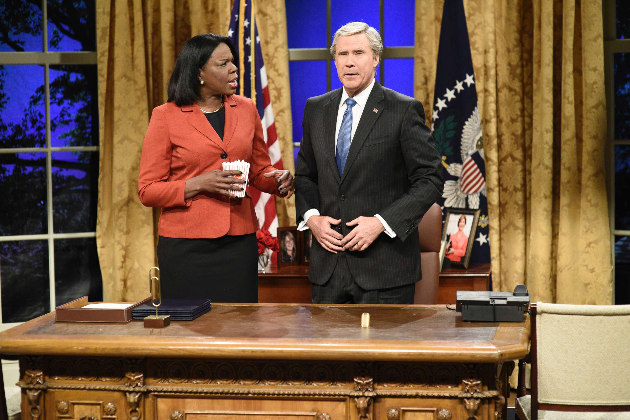 PHOTO: SATURDAY NIGHT LIVE -- "Will Ferrell" Episode 1737 -- Pictured: (l-r) Leslie Jones as Condoleezza Rice, Will Ferrell as George W. Bush during the "Cold Open" in Studio 8H on Saturday, January 27, 2018