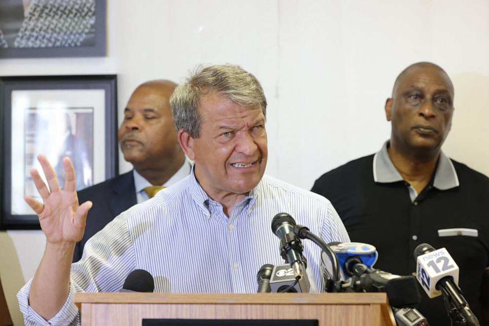 PHOTO: Democratic candidate for New York's 16th District George Latimer speaks at the Mount Vernon Democratic headquarters in Mount Vernon, NY, June 24, 2024.