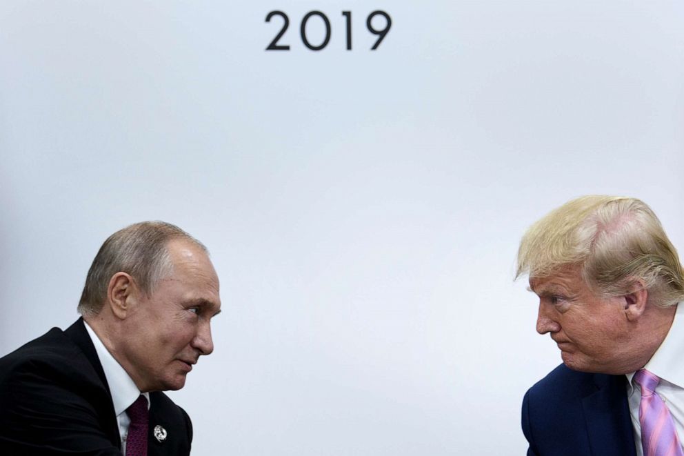 PHOTO: President Donald Trump, right, attends a meeting with Russia's President Vladimir Putin during the G20 summit in Osaka, Japan, June 28, 2019.