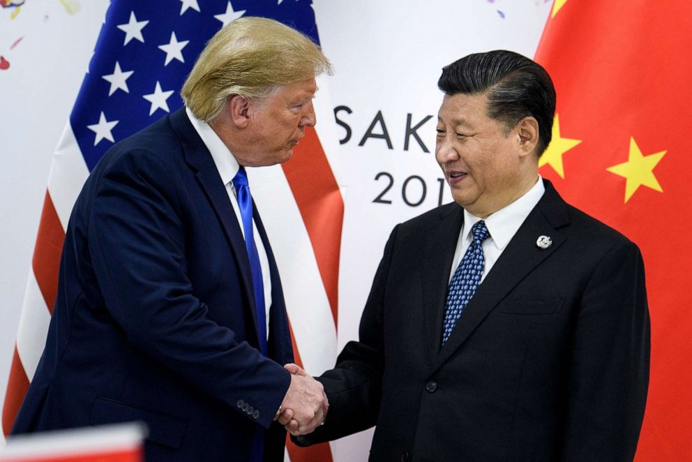 PHOTO: China's President Xi Jinping, right, shakes hands with President Donald Trump before a bilateral meeting on the sidelines of the G20 Summit in Osaka, Japan on June 28, 2019.