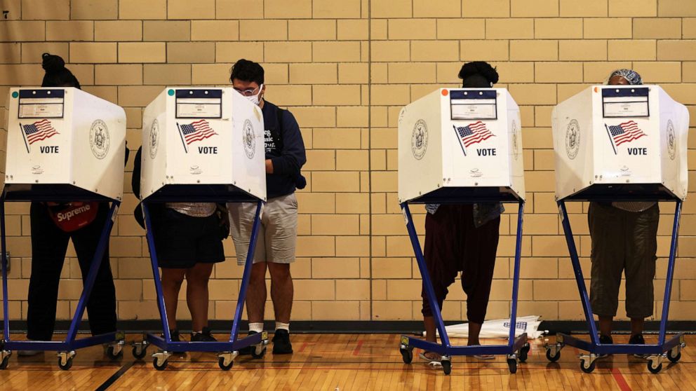 PHOTO: In this June 22, 2021, file photo, people vote during the primary election in Brooklyn, N.Y.