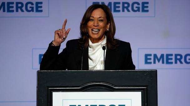 Former U.S. Vice President Kamala Harris delivers a keynote address during the Emerge 20th Anniversary Gala at the Palace Hotel on April 30, 2025 in San Francisco, California. Kamala Harris delivered her first public speech since leaving office in January.  (Photo by Justin Sullivan/Getty Images)
