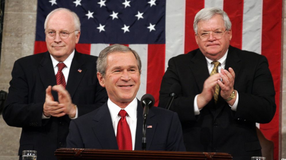 PHOTO: President George W. Bush, center, is applauded by Vice President Dick Cheney, left, and Speaker of the House Dennis Hastert, right, during Bush's State of the Union address at the U.S. Capitol in Washington, D.C. on Feb. 2, 2005. 