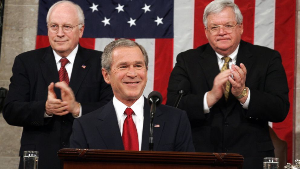PHOTO: President George W. Bush, center, is applauded by Vice President Dick Cheney, left, and Speaker of the House Dennis Hastert, right, during Bush's State of the Union address at the U.S. Capitol in Washington in this Feb. 2, 2005 file photo.