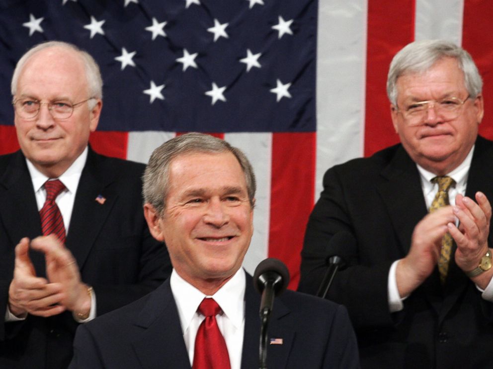 PHOTO: President George W. Bush, center, is applauded by Vice President Dick Cheney, left, and Speaker of the House Dennis Hastert, right, during Bush's State of the Union address at the U.S. Capitol in Washington, D.C. on Feb. 2, 2005. 
