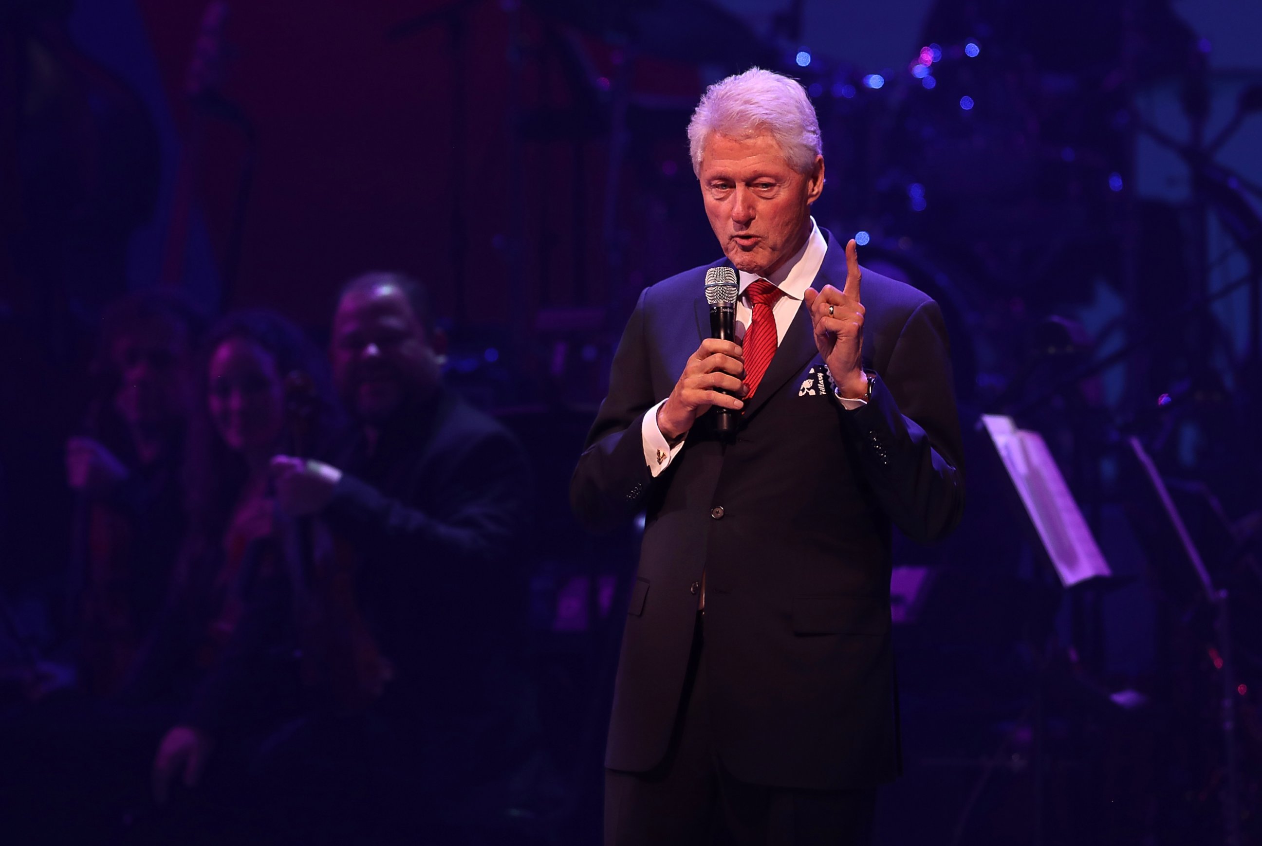 PHOTO: Former U.S. president Bill Clinton speaks during the Hillary Victory Fund - Stronger Together concert at St. James Theatre on October 17, 2016 in New York City.