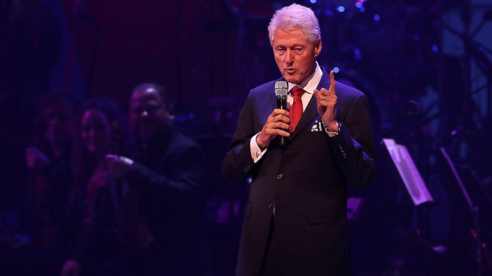 PHOTO: Former U.S. president Bill Clinton speaks during the Hillary Victory Fund - Stronger Together concert at St. James Theatre on October 17, 2016 in New York City.