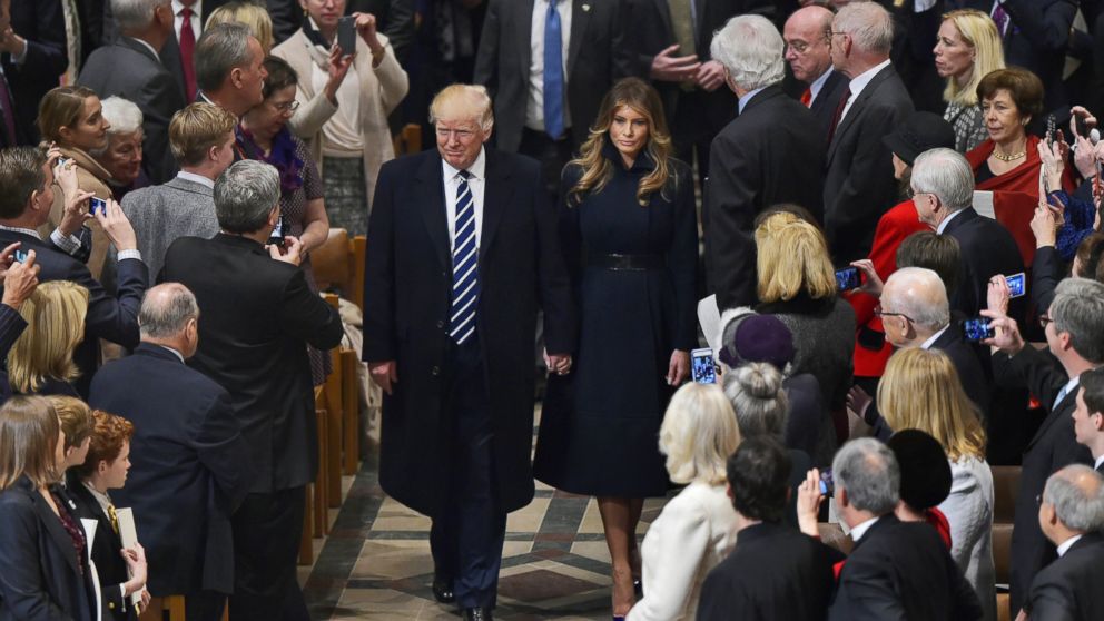 PHOTO: President Donald Trump and First Lady Melania Trump arrive for the National Prayer Service at the National Cathedral, Jan. 21, 2017, in Washington.