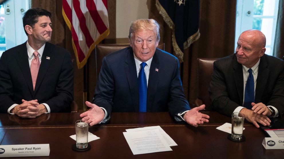 Flanked by Speaker of the House Paul Ryan and House Ways and Means Committee chairman Rep. Kevin Brady, President Donald Trump speaks about tax reform legislation during a meeting, Nov. 2, 2017, in Washington.