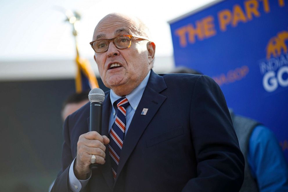 PHOTO: Rudy Giuliani arrives to campaign for Republican Senate hopeful Mike Braun, Nov. 3, 2018, in Franklin Township, Ind. 