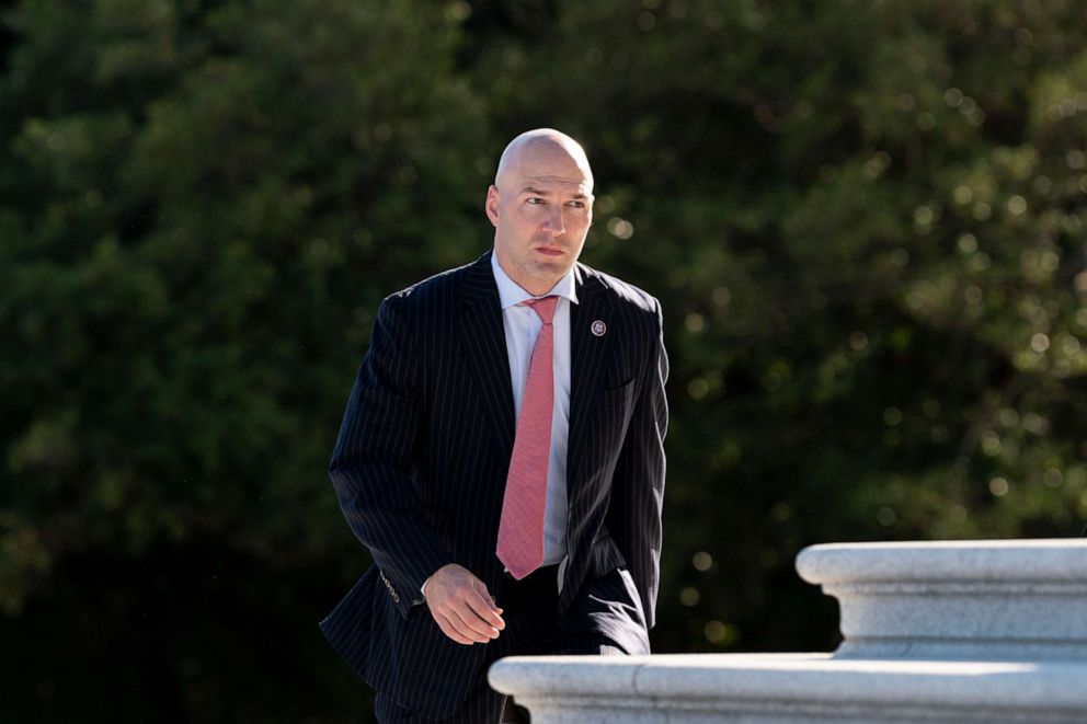 PHOTO: Rep. Anthony Gonzalez, R-Ohio, walks up the House steps for a vote, Oct. 21, 2021.