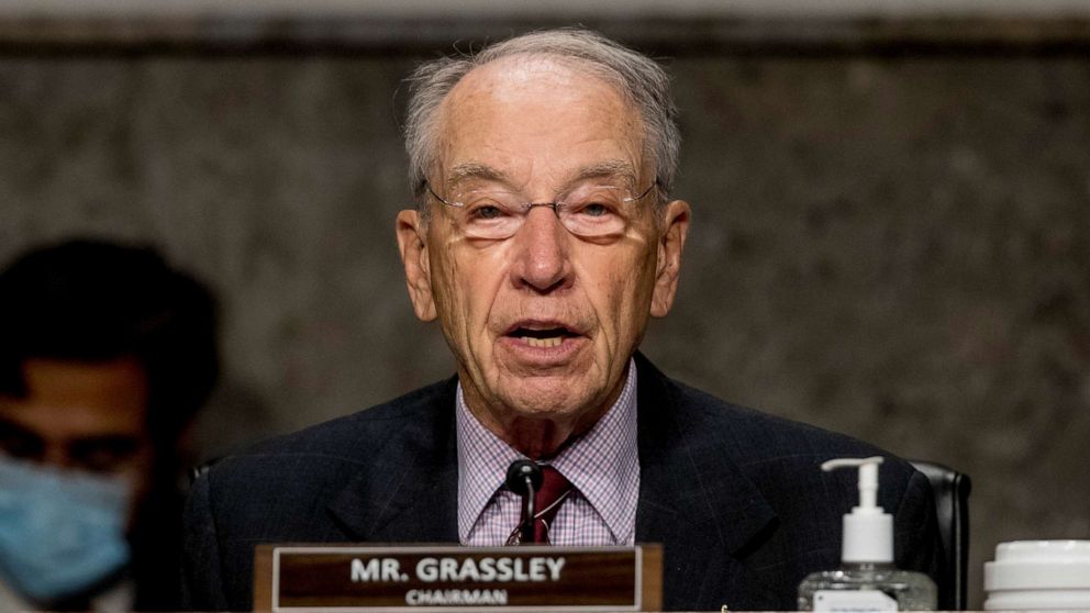 PHOTO: Chairman Sen. Chuck Grassley, R-Iowa, speaks as Trade Representative Robert Lighthizer appears at a Senate Finance Committee hearing on U.S. trade on Capitol Hill, June 17, 2020.