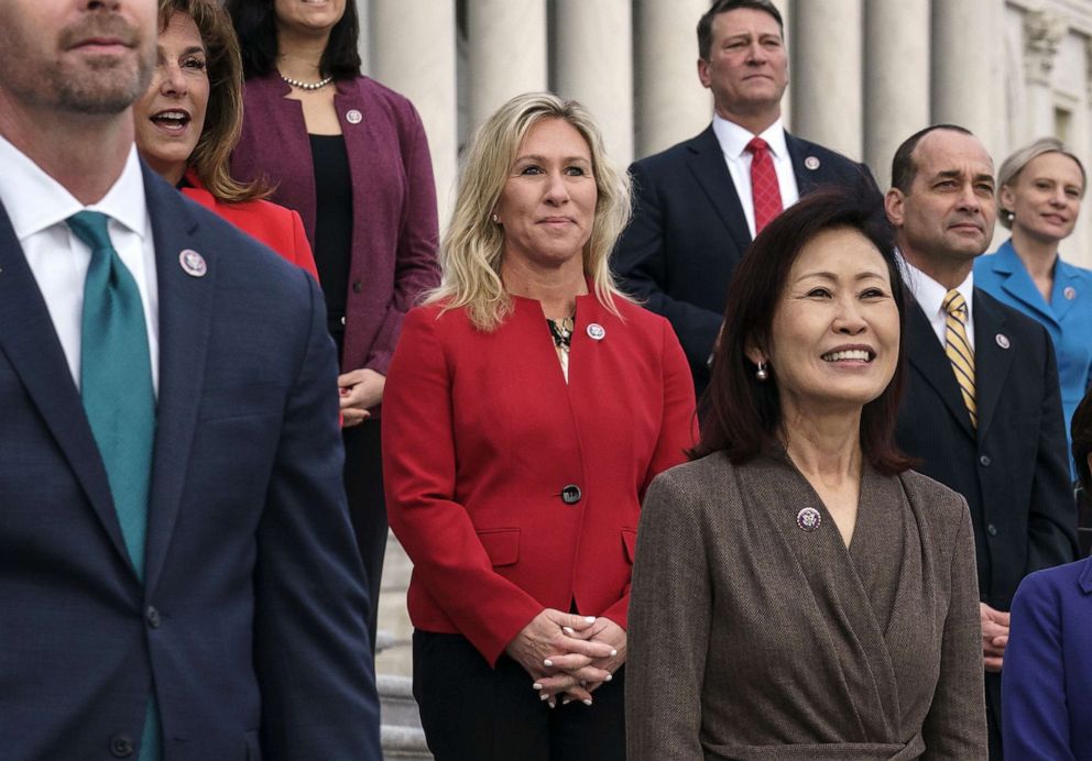 PHOTO: Rep. Marjorie Taylor Greene stands with other GOP freshmen during an event at the Capitol, Jan. 4, 2021.