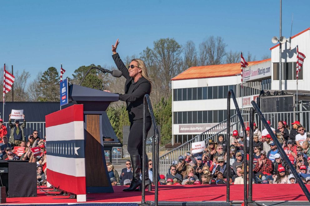 PHOTO: Rep. Marjorie Taylor Greene speaks to supporters of former President Donald Trump at the Banks County Dragway, March 26, 2022, in Commerce, Ga. 