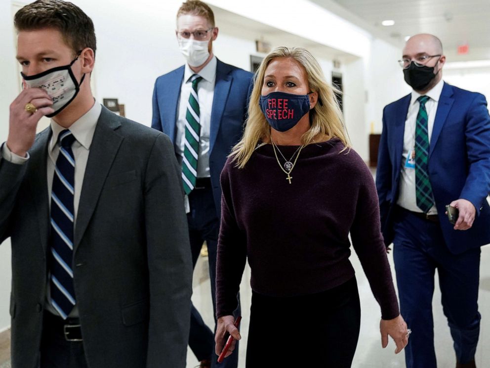 PHOTO: Rep. Marjorie Taylor Greene arrives prior to a vote in the House of Representatives on a resolution for her incendiary remarks supporting violence against Democrats, on Capitol Hill, Feb. 4, 2021. 