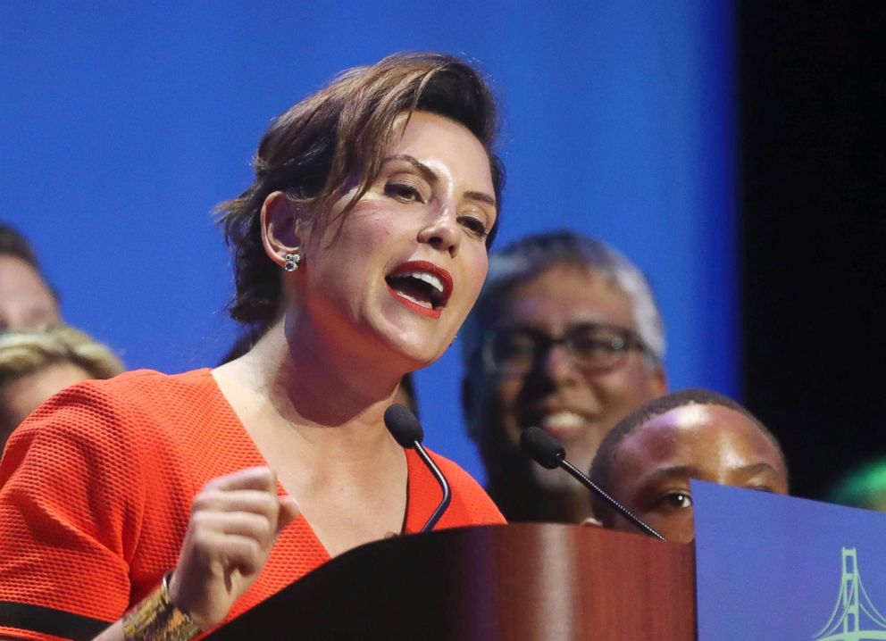 PHOTO: Michigan Democratic gubernatorial candidate Gretchen Whitmer addresses her supporters in Detroit after winning the Democratic primary on Aug. 7, 2018.