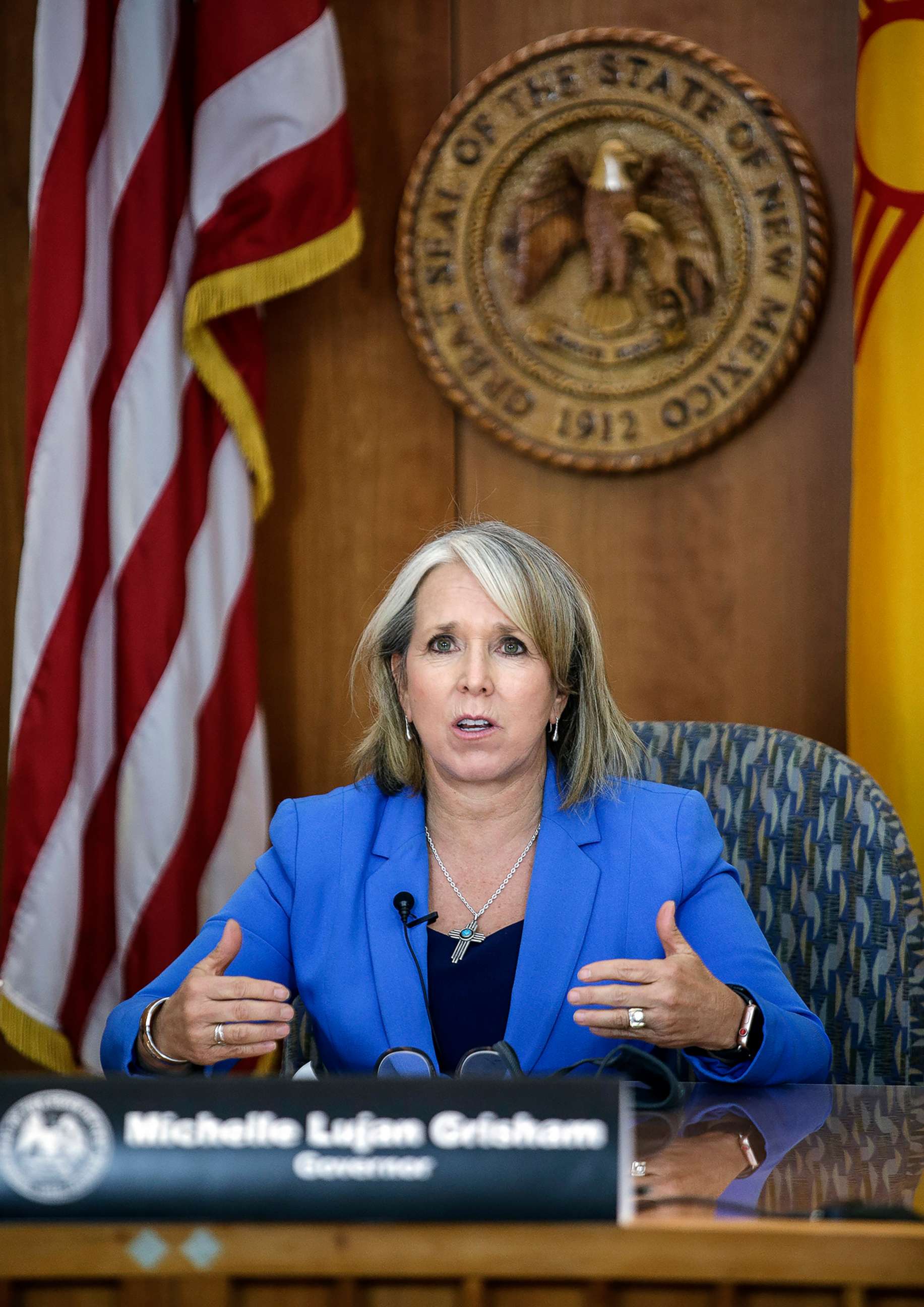 PHOTO: New Mexico Gov. Michelle Lujan Grisham speaks during a COVID-19 briefing at the state Capitol in Santa Fe, N.M., Aug. 13, 2020. 