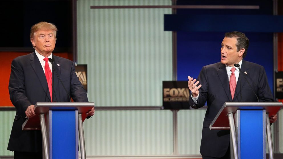 Republican presidential candidates Donald Trump and Sen. Ted Cruz participate in the Republican presidential debate at the North Charleston Coliseum and Performing Arts Center on Jan. 14, 2016 in North Charleston, S.C.   
