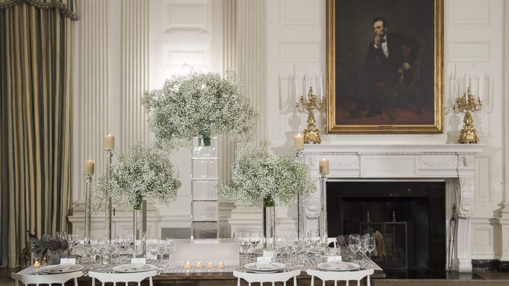 PHOTO: A sample table setting is seen during a press preview of a State Dinner in honor of the Nordic countries, including Sweden, Norway, Finland, Denmark and Iceland, in the State Dining Room of the White House in Washington, May 12, 2016. 