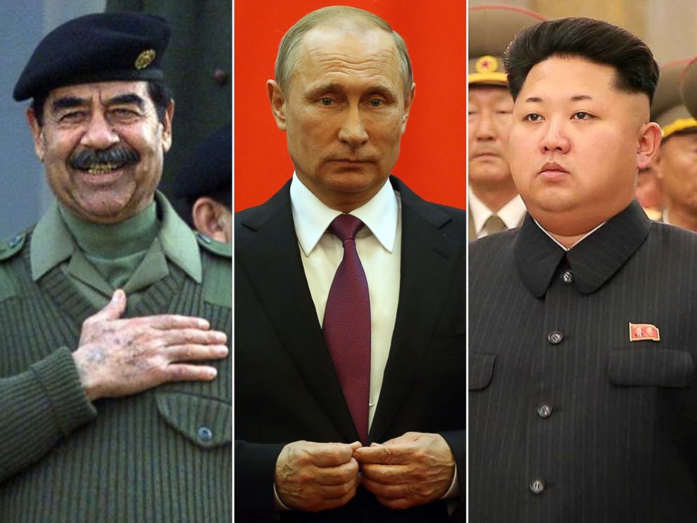 PHOTO: Saddam Hussein salutes the crowd during a military parade in Baghdad, Nov. 20, 2000. Vladimir Putin,  June 25, 2016, in Beijing, China. Kim Jong Un, July 27, 2015.