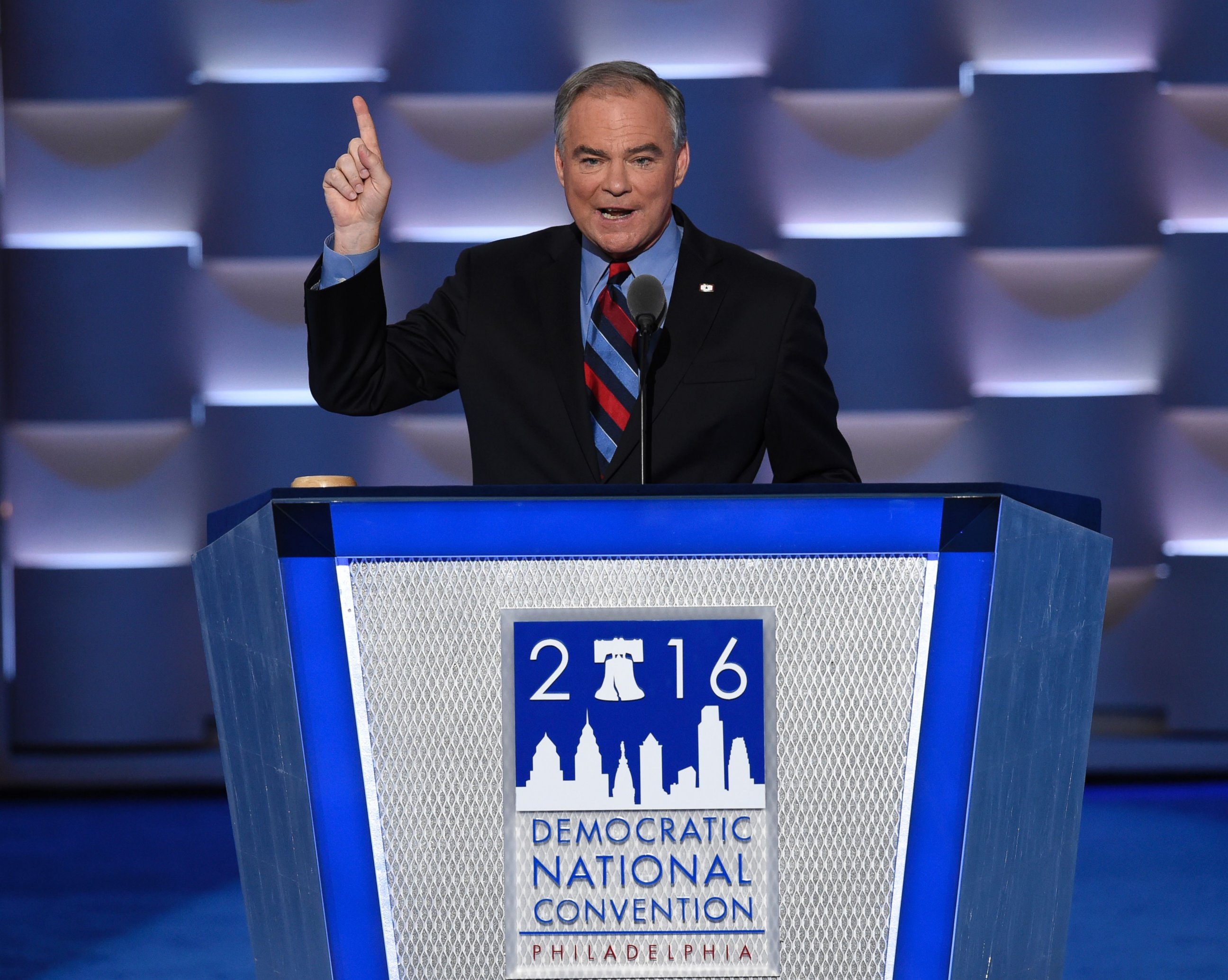 PHOTO: US Democratic Nominee for Vice President Tim Kaine speaks during the Democratic National Convention at the Wells Fargo Center in Philadelphia, July 27, 2016. 