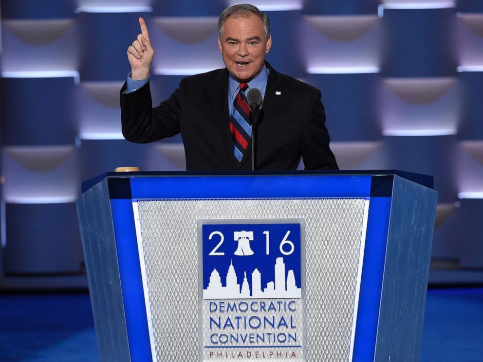 PHOTO: US Democratic Nominee for Vice President Tim Kaine speaks during the Democratic National Convention at the Wells Fargo Center in Philadelphia, July 27, 2016.