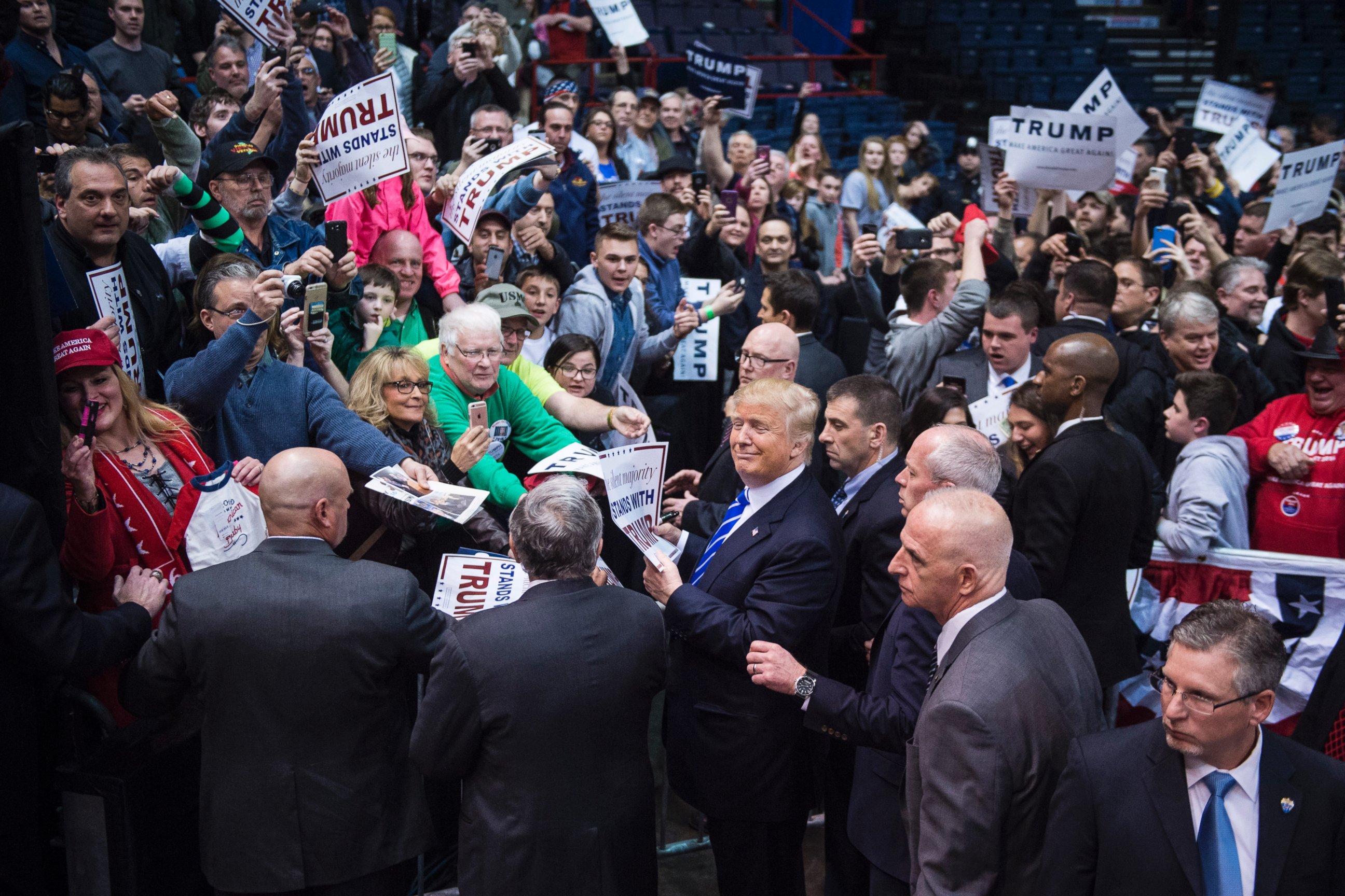 PHOTO: Supporters reach for handshakes, photos, and signatures as Donald Trump greets the crowd after speaking during a campaign event at the Times Union Center in Albany, New York, April 11, 2016. 
