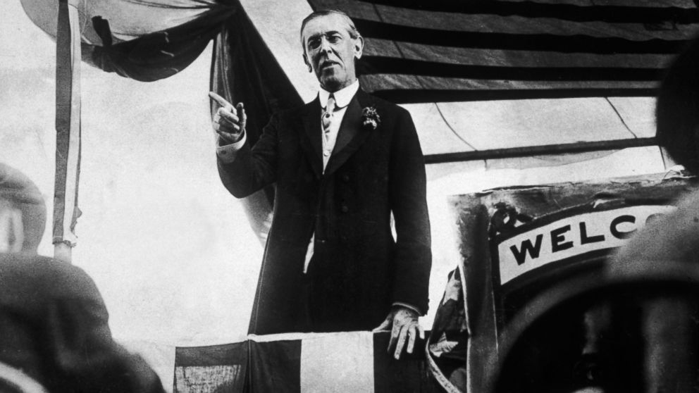 PHOTO: Woodrow Wilson points with his finger while making a speech from a platform on his campaign trail, Virginia.  
