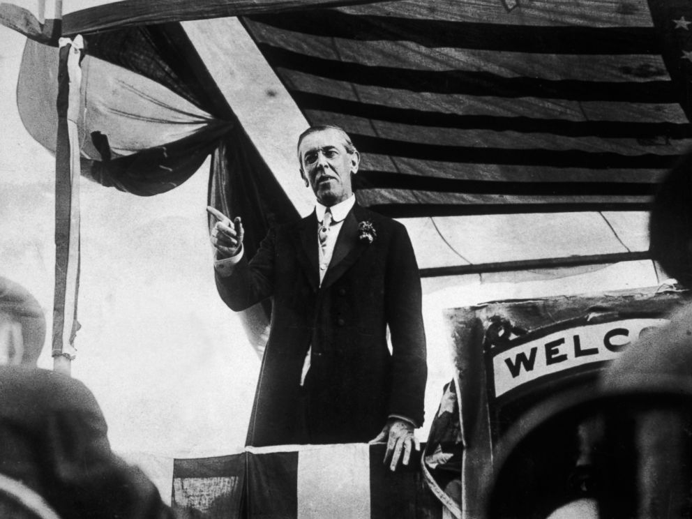 PHOTO: Woodrow Wilson points with his finger while making a speech from a platform on his campaign trail, Virginia.