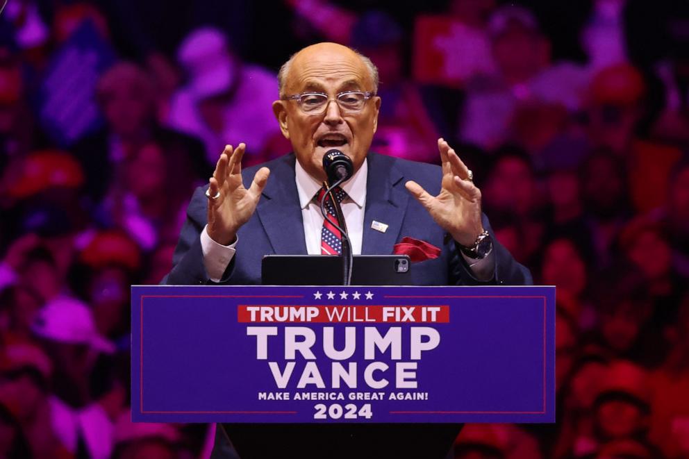 PHOTO: Rudy Giuliani, former Mayor of New York City, speaks prior to Republican presidential nominee, former President Donald Trump taking the state at a campaign rally at Madison Square Garden in New York City, Oct. 27, 2024.