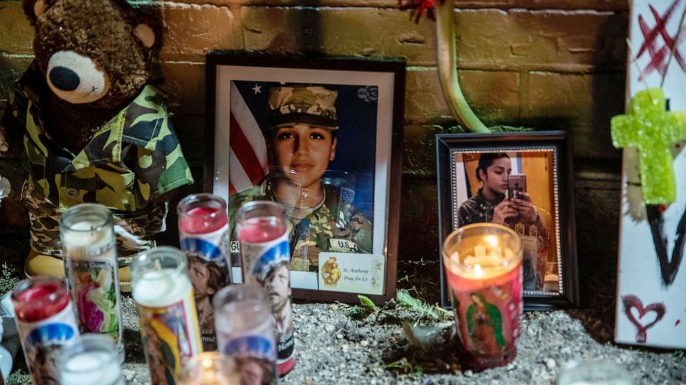 PHOTO: Candles and flowers adorn a mural of Vanessa Guillen, a soldier based at nearby Fort Hood on July 6, 2020 in Austin.