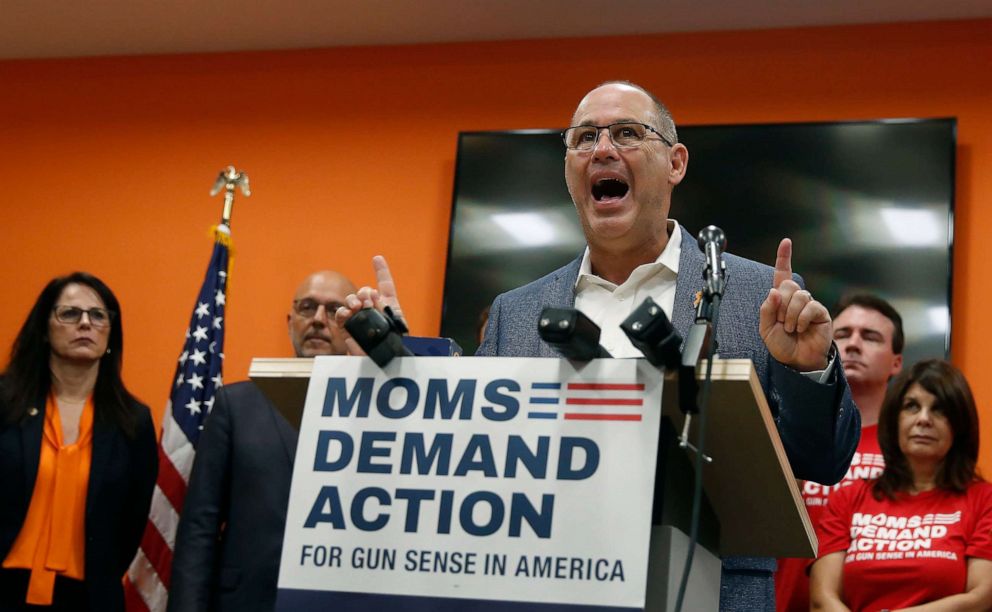 PHOTO: Fred Guttenberg, father of 14-year-old daughter Jaime Guttenberg, who was was killed in the Marjory Stoneman Douglas High School shooting, speaks during a news conference with the Moms Demand Action group, Aug. 29, 2019, in Coral Springs, Fla. 