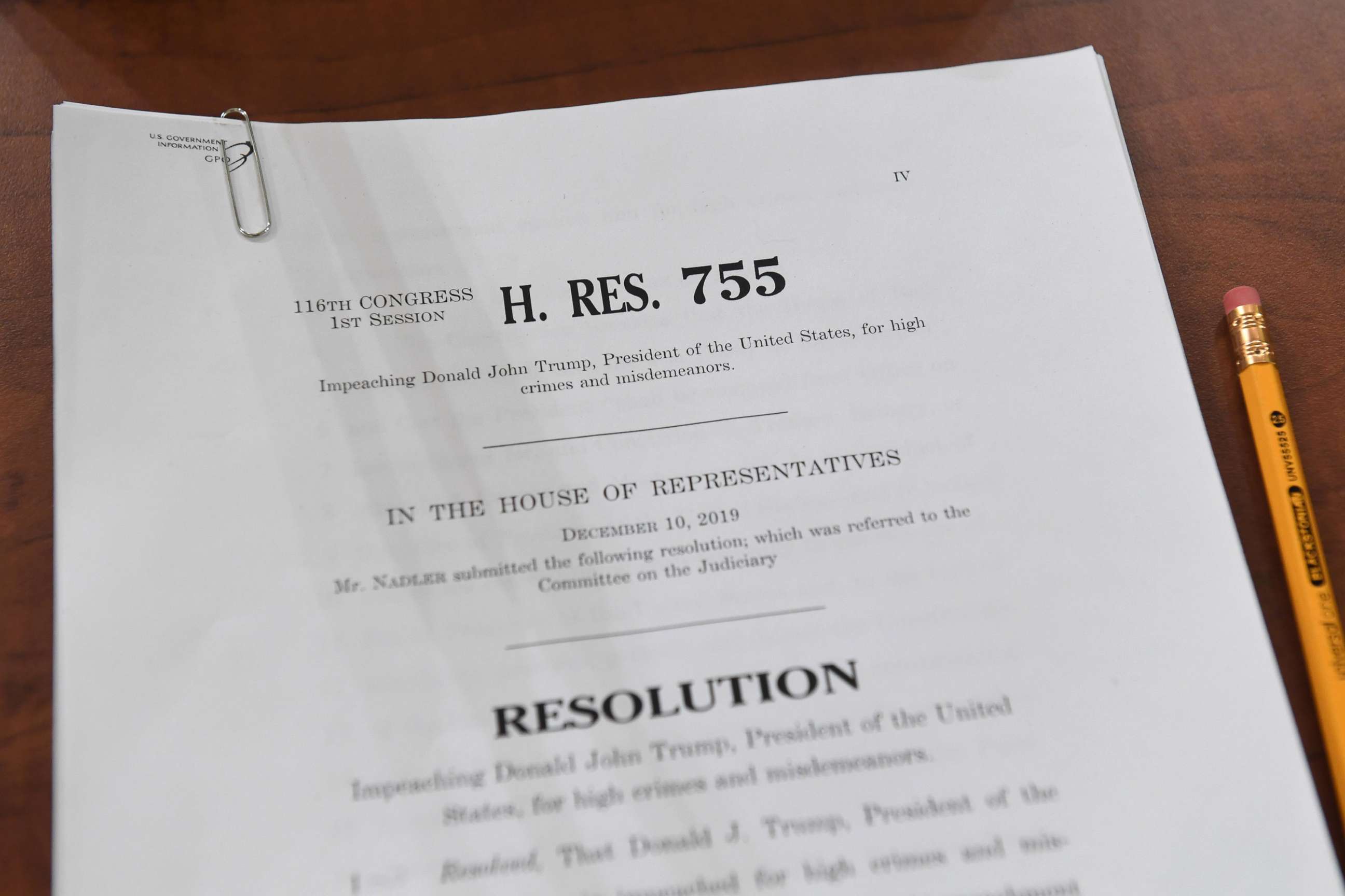 PHOTO: House Resolution 755, Articles of Impeachment Against President Donald Trump, sit on a desk at the House Judiciary Committee on Capitol Hill in Washington, D.C., on Dec. 12, 2019.
