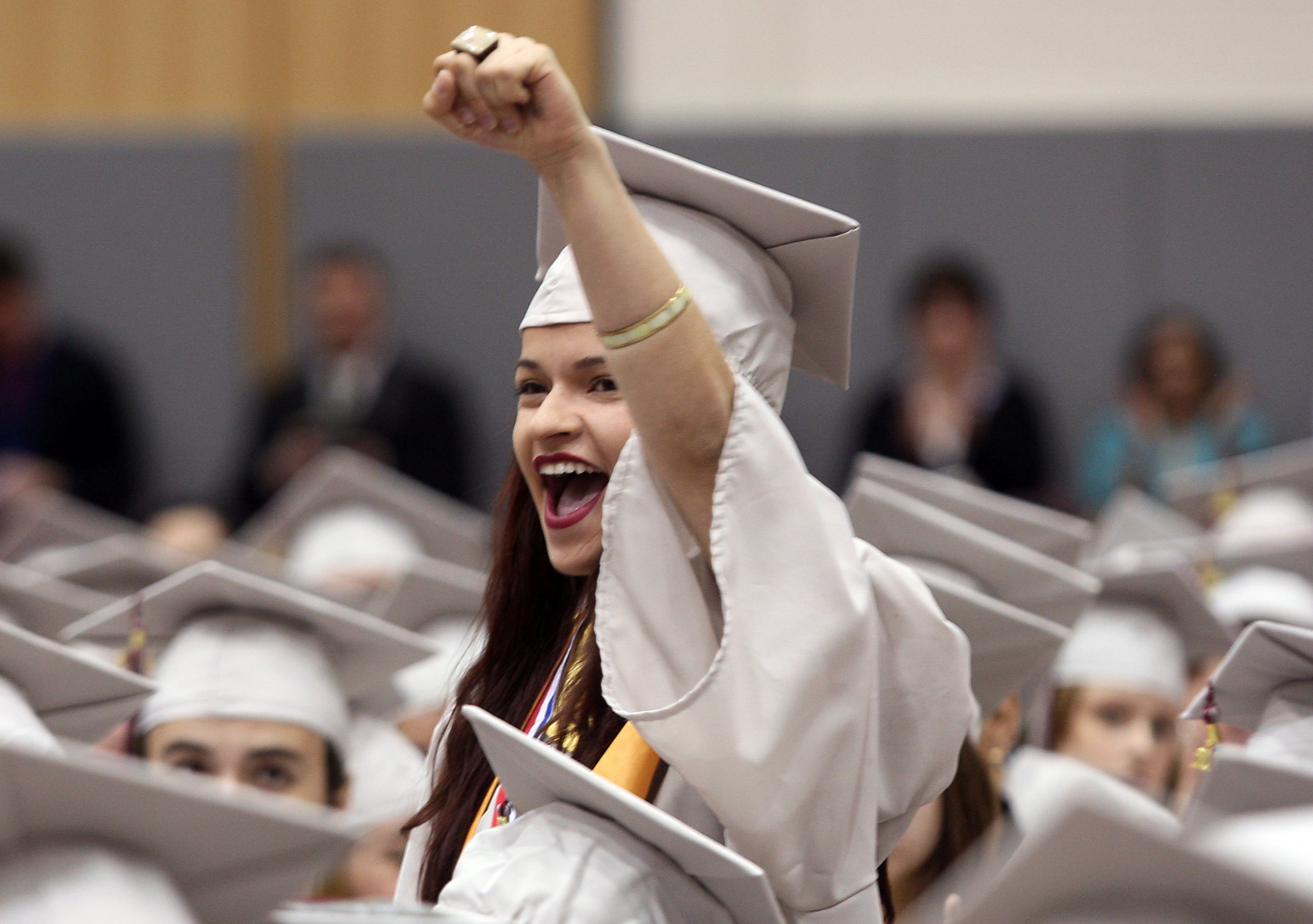 PHOTO: Graduate Renata Mauriz of Brazil get applause as one of four featured students during the County College of Morris 46th Commencement Ceremony. May 22, 2015. Randolph, N.J.