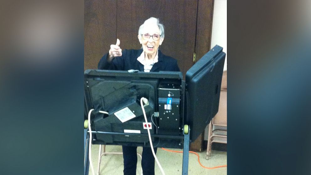 PHOTO: Virginia McDougle, 96, cast her ballot for Hillary Clinton for president on Nov. 8, 2016, in Worthington, Ohio.