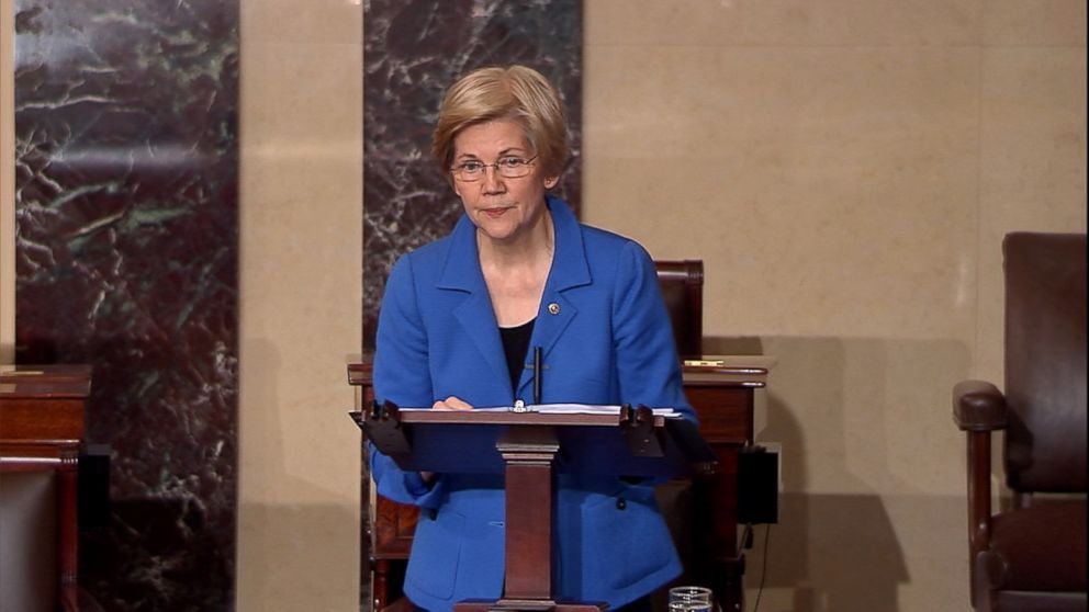 PHOTO: Democratic Senator Elizabeth Warren speaks on  the Senate floor, Feb. 7, 2017. 