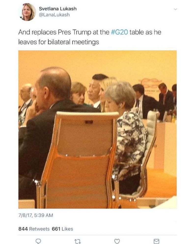PHOTO: @LanaLukash on Twitter posted and later deleted this photo of Ivanka Trump at a G-20 meeting on July 8, 2017.