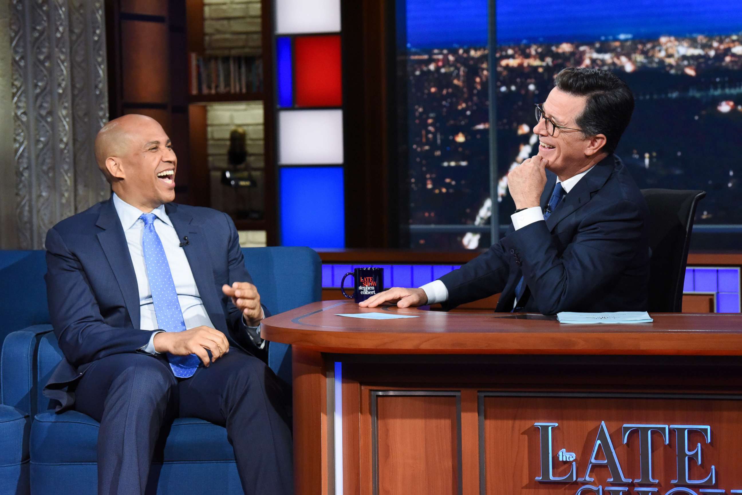 PHOTO: "The Late Show with Stephen Colbert" and guest Cory Booker during Tuesday's August 7, 2018 show.