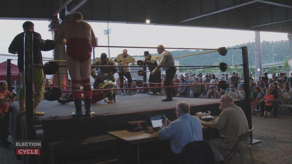 PHOTO: ABC News' Michael Koenigs came upon "Brawl Under the Bridge II," a semi-pro wrestling match in Homestead, Pennsylvania, during his 500-mile cycling trip from the RNC in Cleveland to the DNC in Philadelphia.