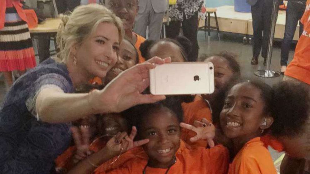 PHOTO: Ivanka Trump snaps selfies with girls at a reading event at the Smithsonian’s National Museum of American History in Washington, D.C., on July 25, 2017.