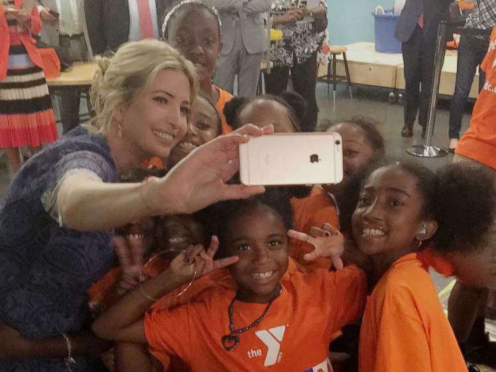 PHOTO: Ivanka Trump snaps selfies with girls at a reading event at the Smithsonian’s National Museum of American History in Washington, D.C., on July 25, 2017.