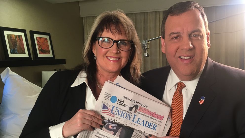Makeup artist Kriss Blevens has spent the past 28 years making presidential candidates camera ready. In this photo, Blevens, left, poses with Republican presidential candidate Chris Christie.