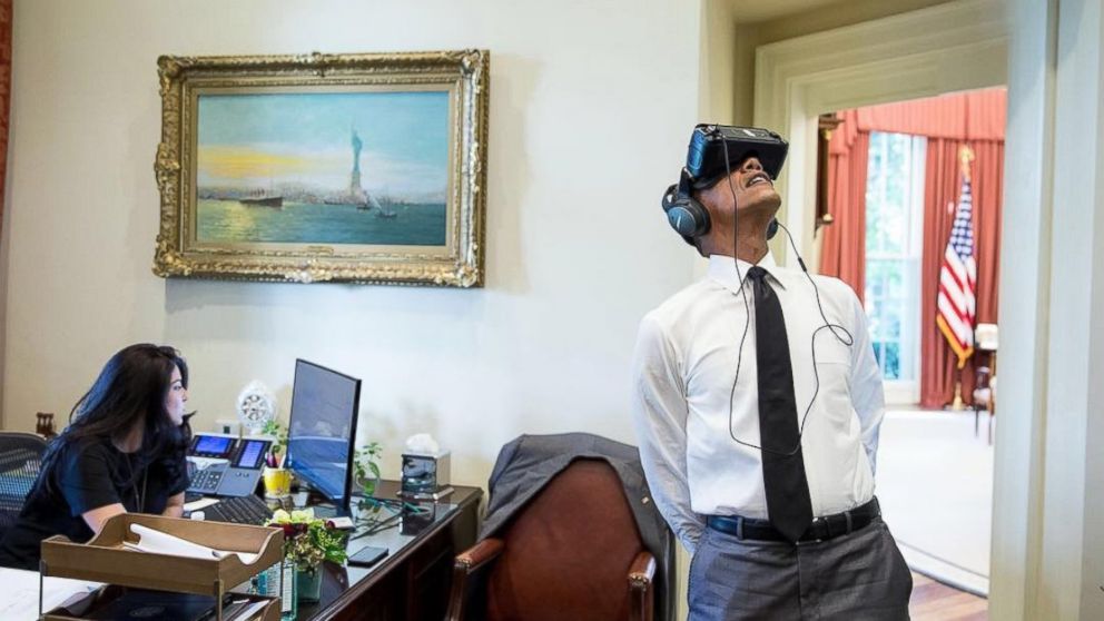 PHOTO: President Obama watches a virtual reality film captured during his trip to Yosemite National Park earlier this year. 