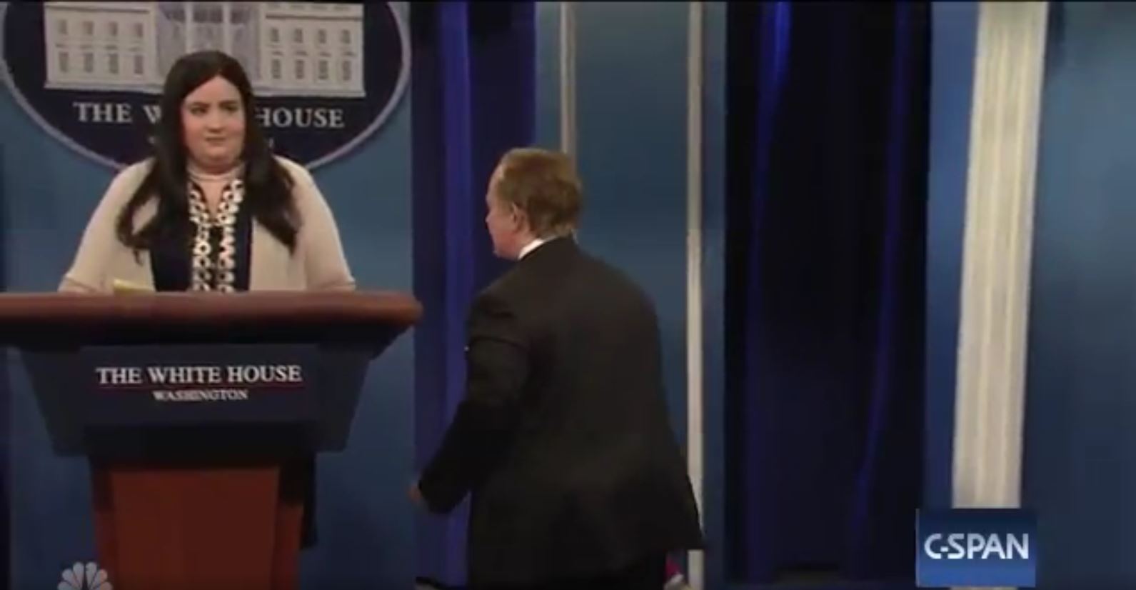 PHOTO: "SNL" cast member Aidy Bryant as deputy White House press secretary Sarah Huckabee Sanders (left) and Melissa McCarthy as Sean Spicer on "Saturday Night Live" on May 13, 2017.