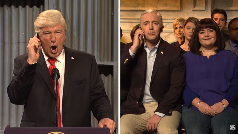 Alec Baldwin, left, plays Donald Trump, on the October 14, 2017 episode of "Saturday Night Live."