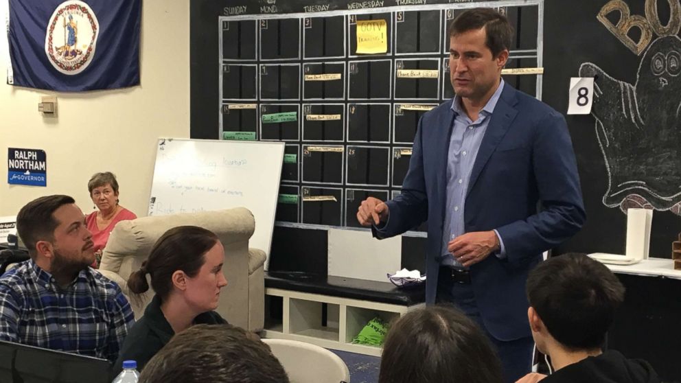 PHOTO: Rep. Seth Moulton talks to volunteers for Ralph Northam campaign. Northman, an Army veteran, won his race to be Virginia's next governor this week.